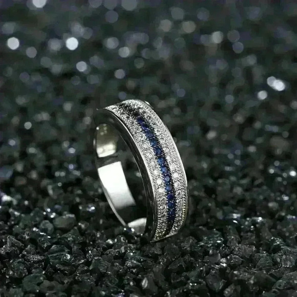 ✨925 Silver Plated 3A CZ Blue & White Color Micro Paved Ring, GPMB1489 - Picture 2 of 4
